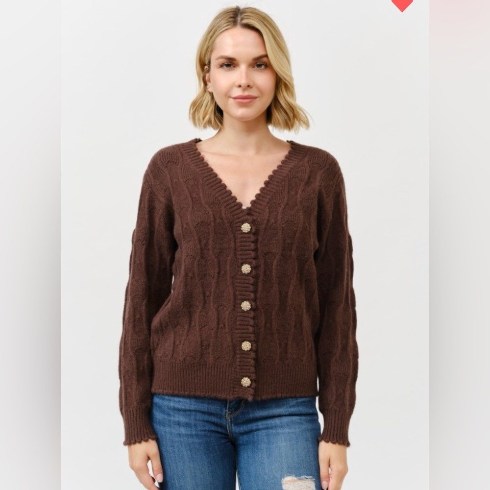 115. Maison Pearl, Elegant statement cardigan, Chocolate, various sizes